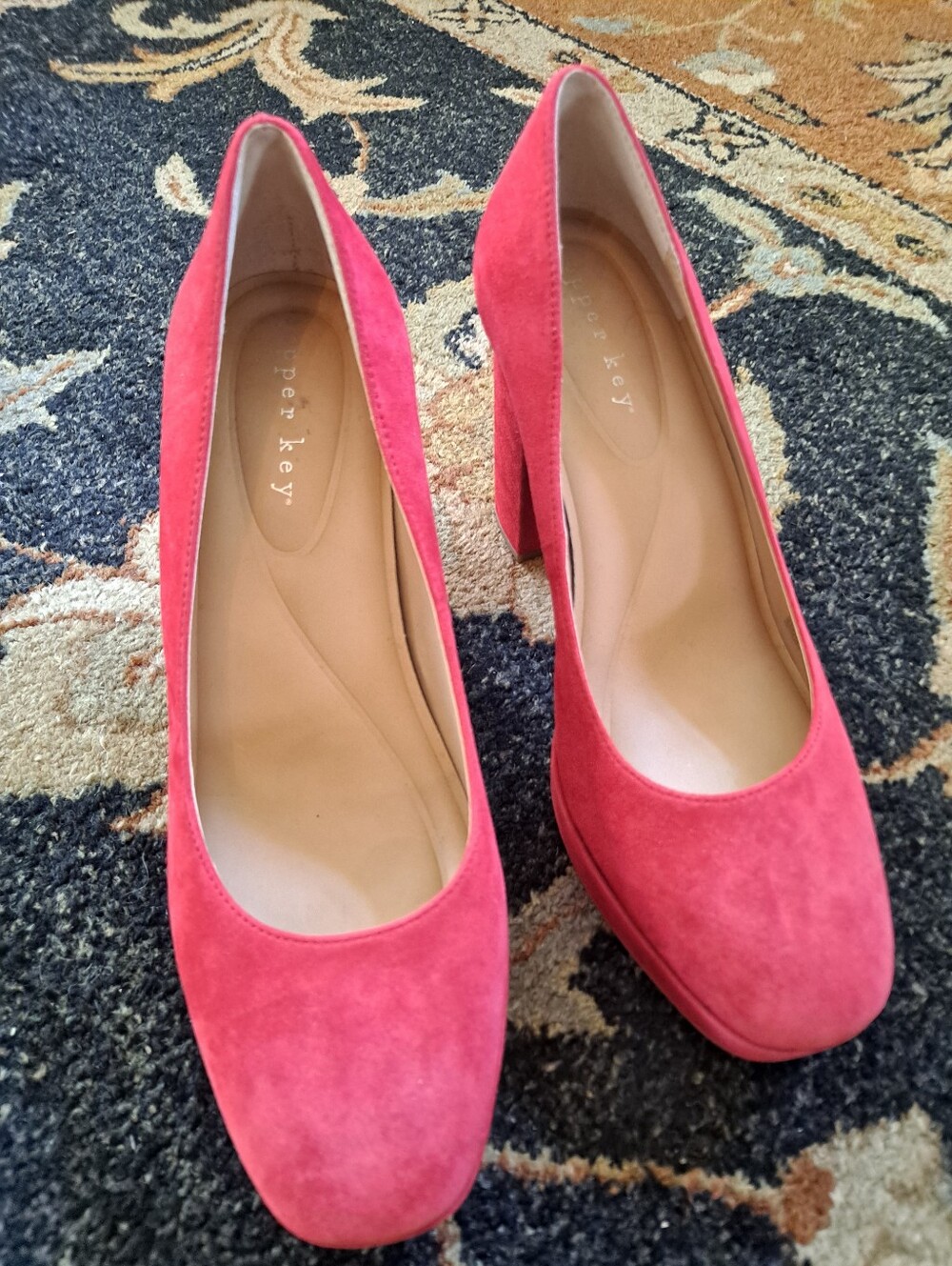 Copper Key Red Suede Block Heel Pumps